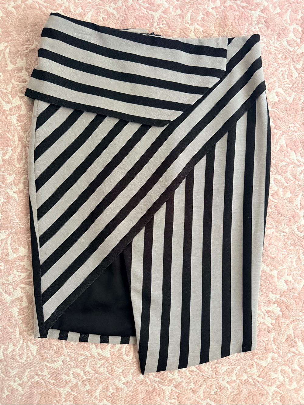 Mason Black and Gray Striped Asymmetrical Wrap Skirt